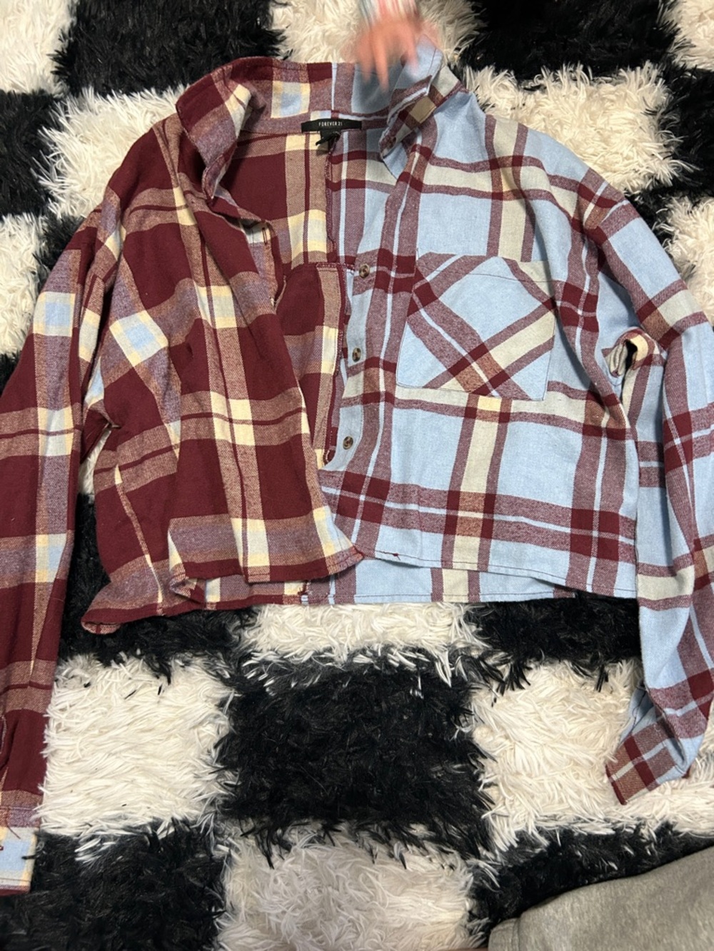 Forever 21 Two-Tone Plaid Button-Down Shirt Jacket - Burgundy & Light Blue